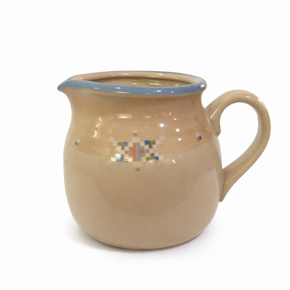 Vintage Noritake Stoneware Creamer Pitcher Arizona Pattern Tan Blue Trim Japan